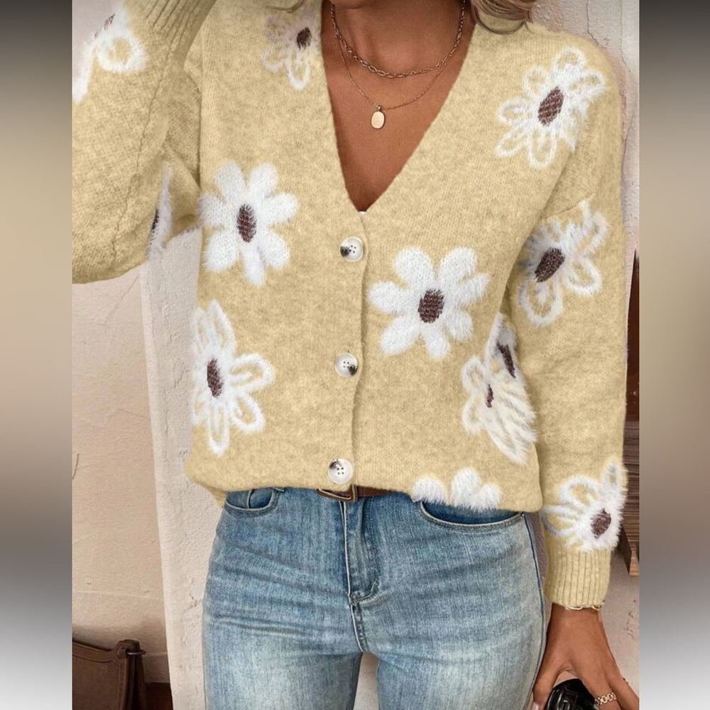 Floral Yellow and White Cardigan Sweater